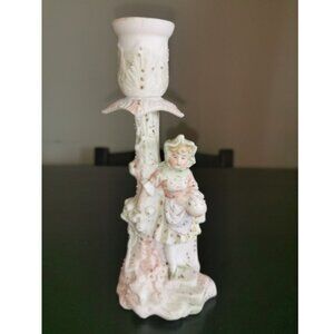 VTG Meissen(?) Style 19c Girl w Basket Figurine Bisque Porcelain Candlabrum 6.5"